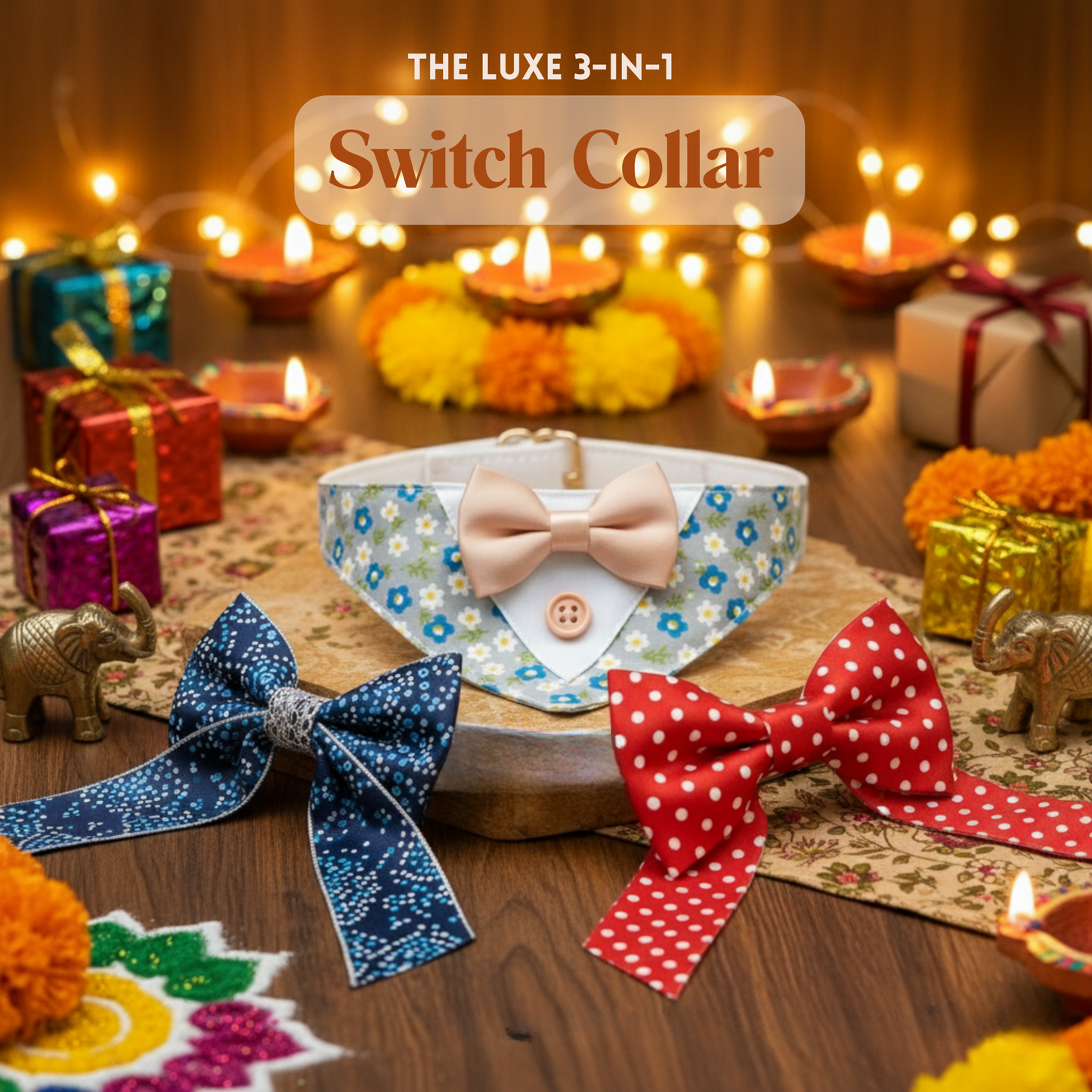 happietail Luxe 3-in-1 Interchangeable Bow Collar Set | Instant Style & Comfort for Your Pet