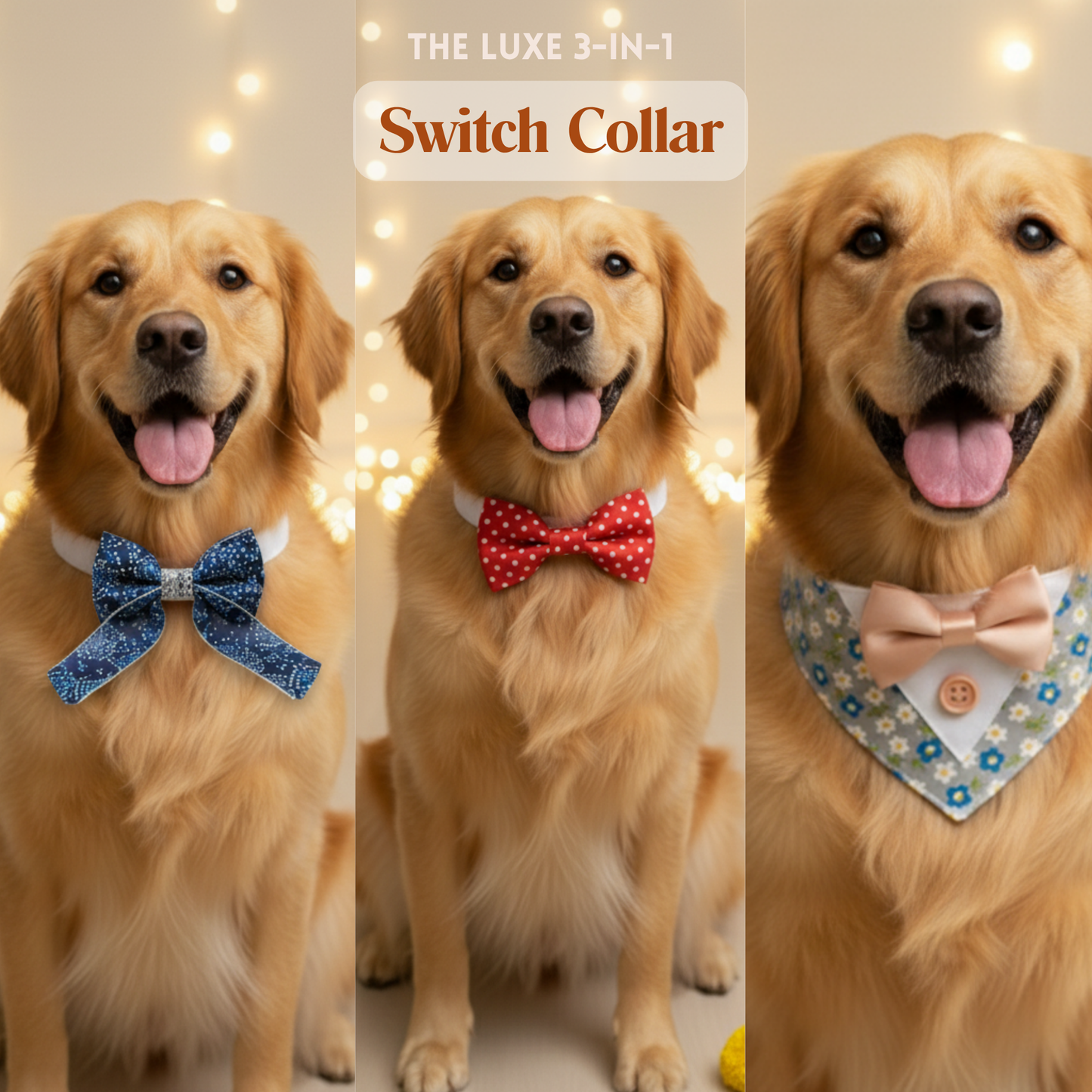 happietail Luxe 3-in-1 Interchangeable Bow Collar Set | Instant Style & Comfort for Your Pet