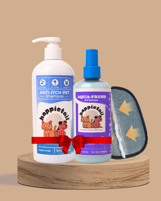 3 Pet care products Anti-Itch Shampoo, Aqua-Fresh Perfume and Loose Hair Remover Brush.