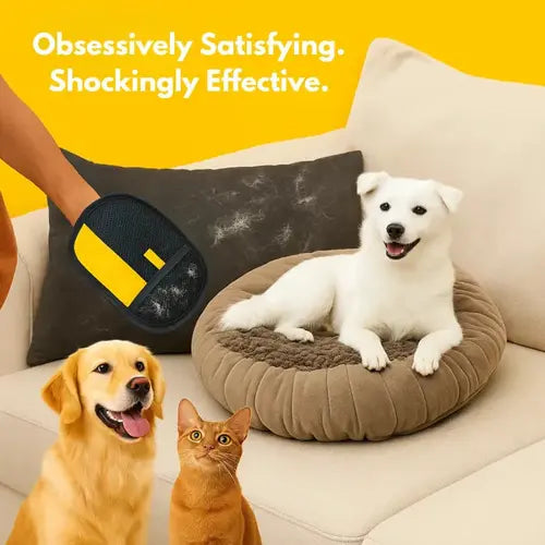Three dogs and a cat on a couch with fur remover brush doing its job.